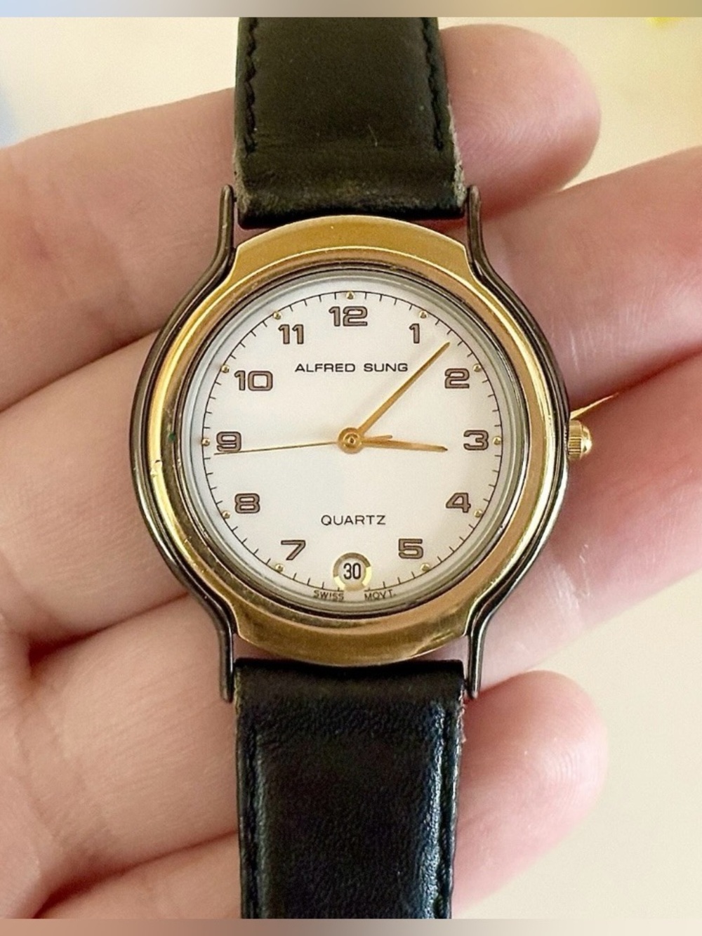 Rare Alfred Sung Day/Date Ladies Swiss Vintage Luxury Black French Leather Watch